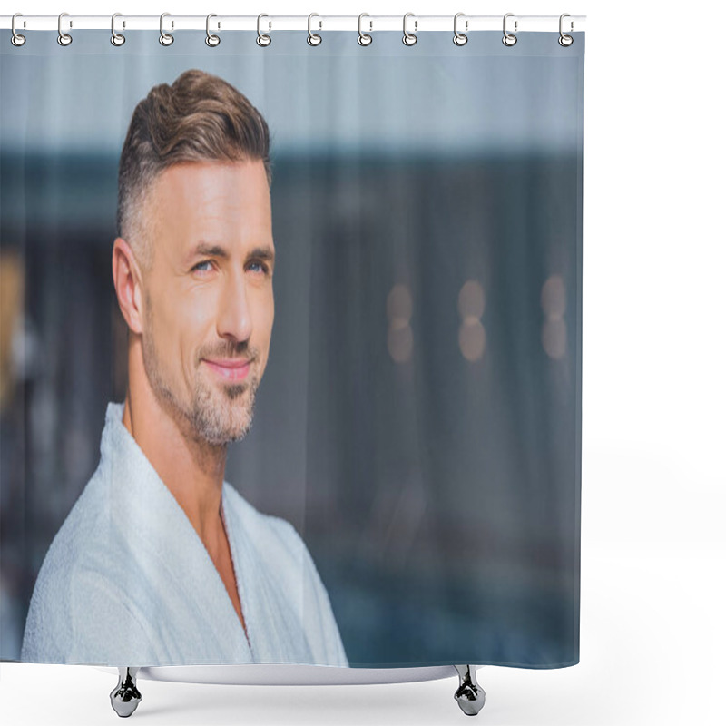 Personality  Close Up Of Handsome Man Smiling In White Bathrobe Shower Curtains