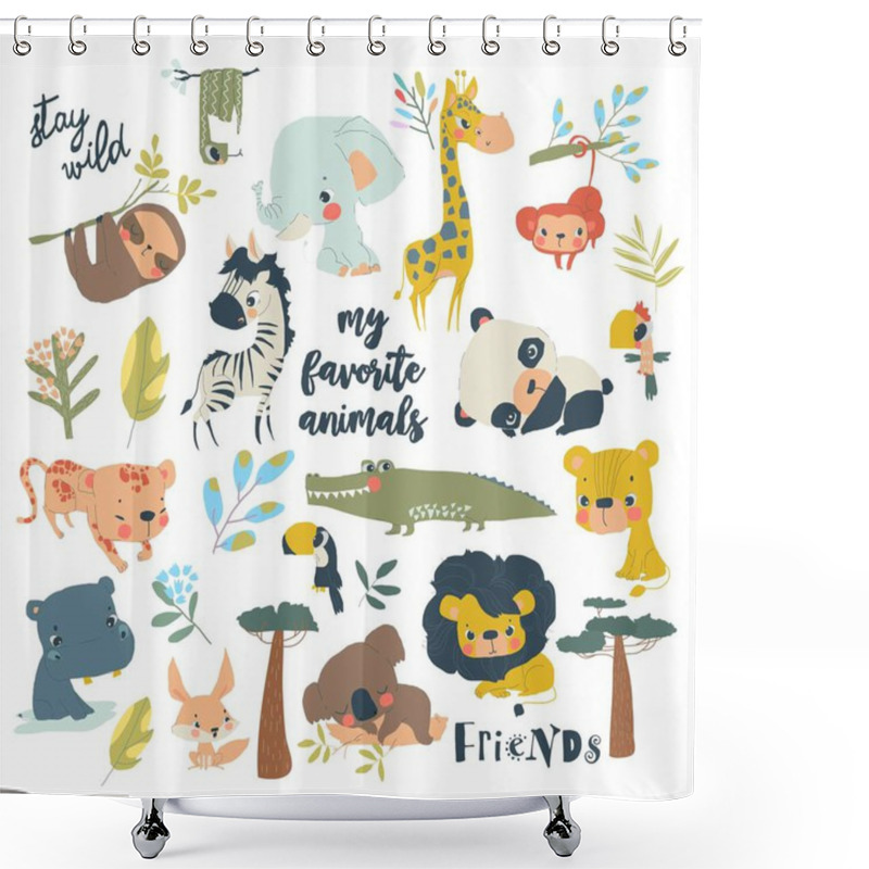 Personality  Vector Collection Of Cute Cartoon Animals From Different Continents Shower Curtains