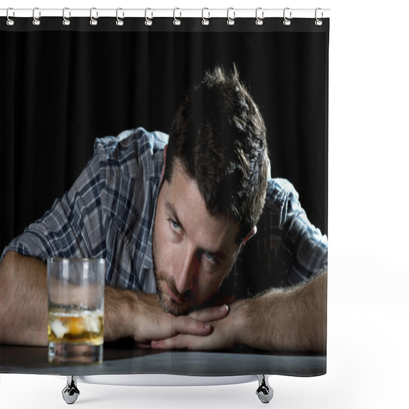 Personality   Alcoholic Addict Man Drunk With Whiskey Glass In Alcoholism Concept Shower Curtains