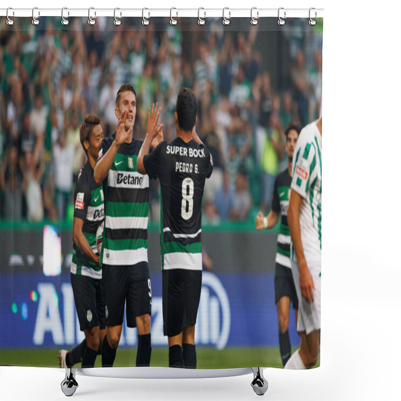 Personality  Pedro Goncalves Celebrates After Scoring Goal With Viktor Gyokeres  During Liga Portugal Game Between Teams Of Sporting CP And Rio Ave FC  At Estadio Jose Alvalade (Maciej Rogowski) Shower Curtains