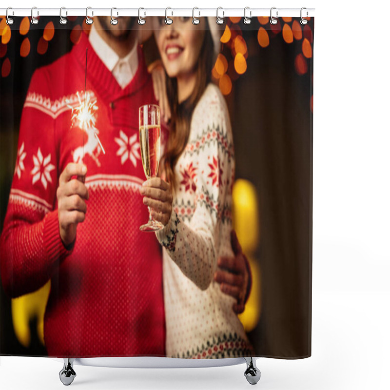 Personality  Cropped View Of Young Couple In Warm Sweaters Holding Sparkler And Champagne Glass Shower Curtains