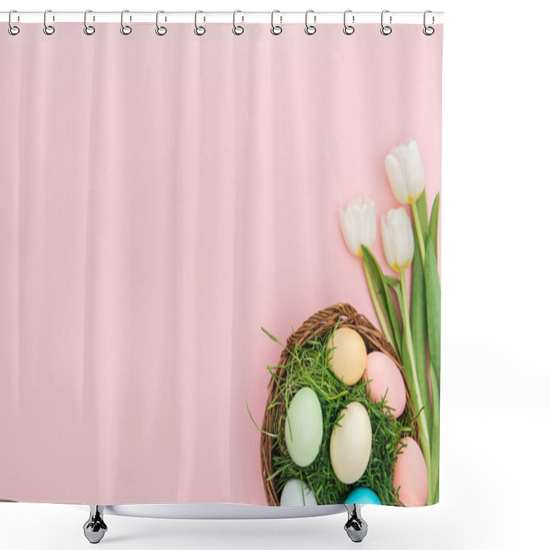 Personality  Top View Of Tulips And Easter Eggs In Wicker Plate Isolated On Pink With Copy Space Shower Curtains