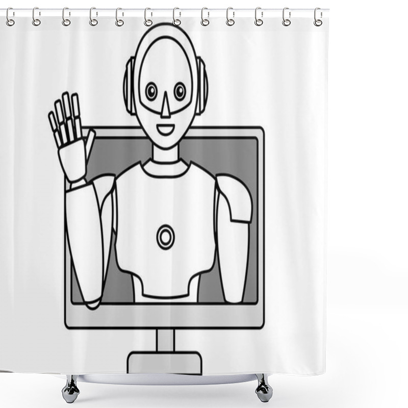 Personality  Illustration Of A Simple Android Robot Popping Out Of A PC (monochrome) Shower Curtains