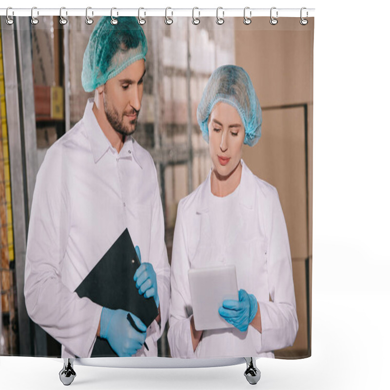 Personality  Handsome Storekeeper Holding Clipboard Near Attractive Colleague Using Digital Tablet Shower Curtains