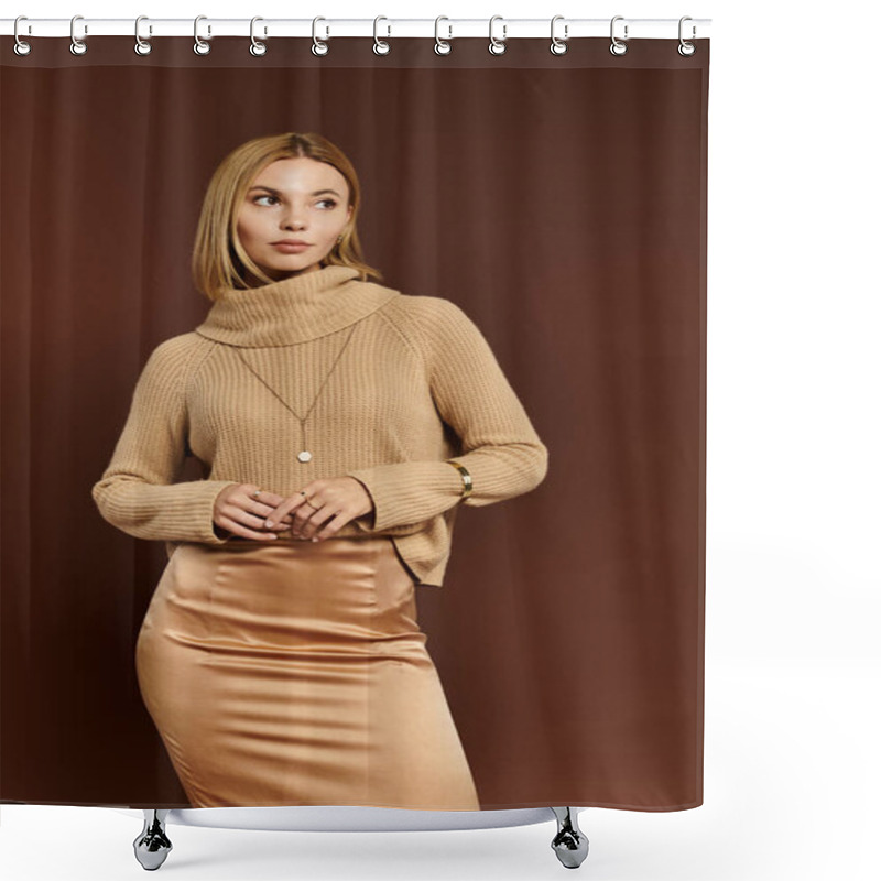 Personality  Dressed In Stylish Autumn Attire, A Young Woman Poses Gracefully, Capturing Seasonal Elegance. Shower Curtains