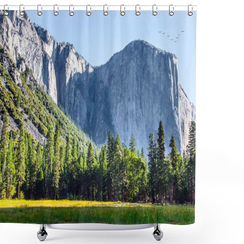 Personality  The Famous Monolithic Rock El Capitan And Majestic Mountains Surround The Yosemite Valley.  The Picturesque Park In California, USA. The Park Is Located On The Slopes Of The Sierra Nevad Shower Curtains