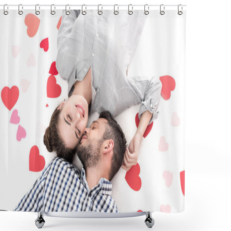 Personality  Overhead View Of Couple Lying With Paper Hearts Isolated On White, Valentines Day Concept Shower Curtains