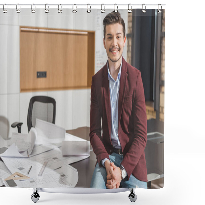 Personality  Smiling Young Architect Sitting On Work Table With Building Plans At Office Shower Curtains