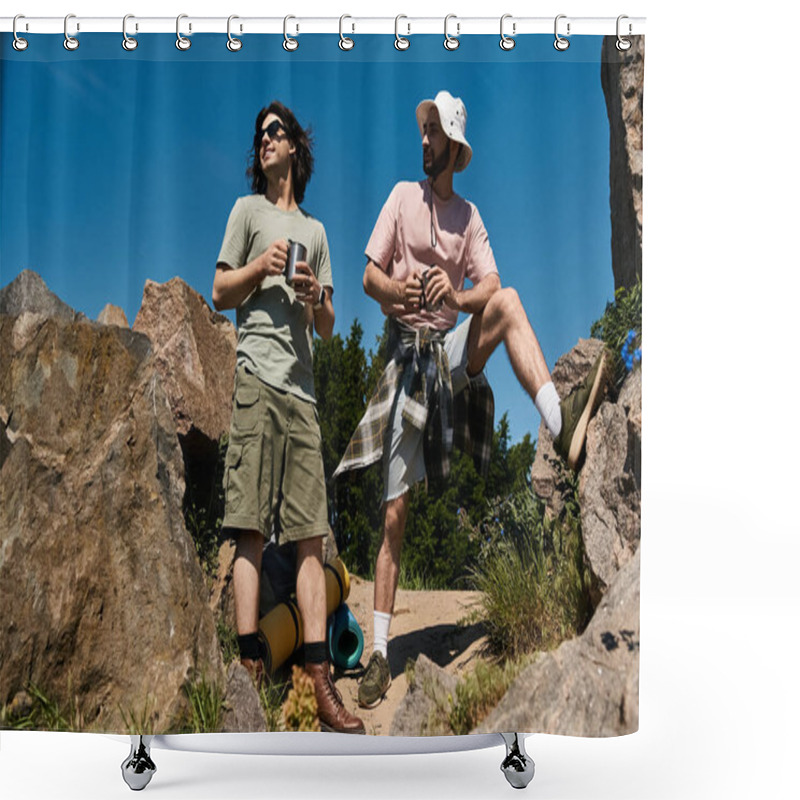 Personality  Two Young Men, Dressed In Casual Summer Attire, Stand Together On A Rocky Hiking Trail, Enjoying The View. Shower Curtains