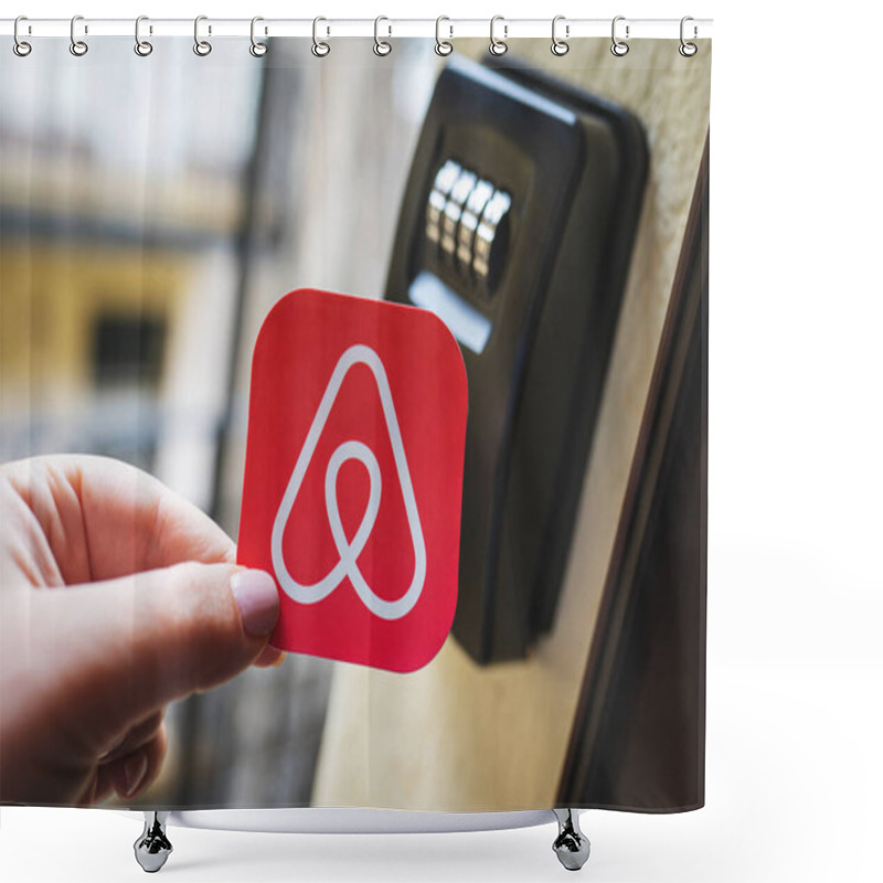 Personality  Airbnb Logo Next To A Smart Key Lock Box. Contactless Check-in To The Holiday Apartment, Short Term Accommodation Bookings For Tourists. Budapest, Hungary - February 3, 2023. Shower Curtains