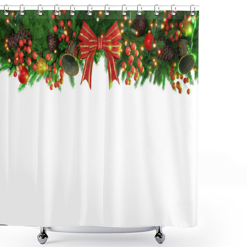 Personality  3D Illustration , 3d Rendering . Christmas Decoration Isolated. Holiday Border, Frame. Red Holly Berry On Pine Tree Branches. For Celebration Banners, Headers, Posters. Shower Curtains