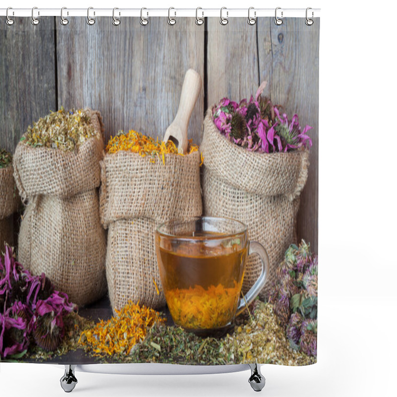 Personality  Healing Herbs In Hessian Bags And Healthy Tea Cup, Herbal Medici Shower Curtains