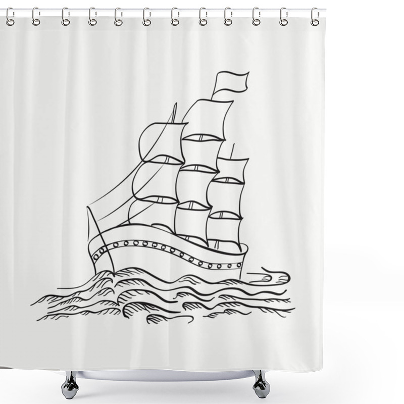 Personality  Vector Illustration Of A Ship Sailing On The Sea On A White Background. Hand Drawing Shower Curtains