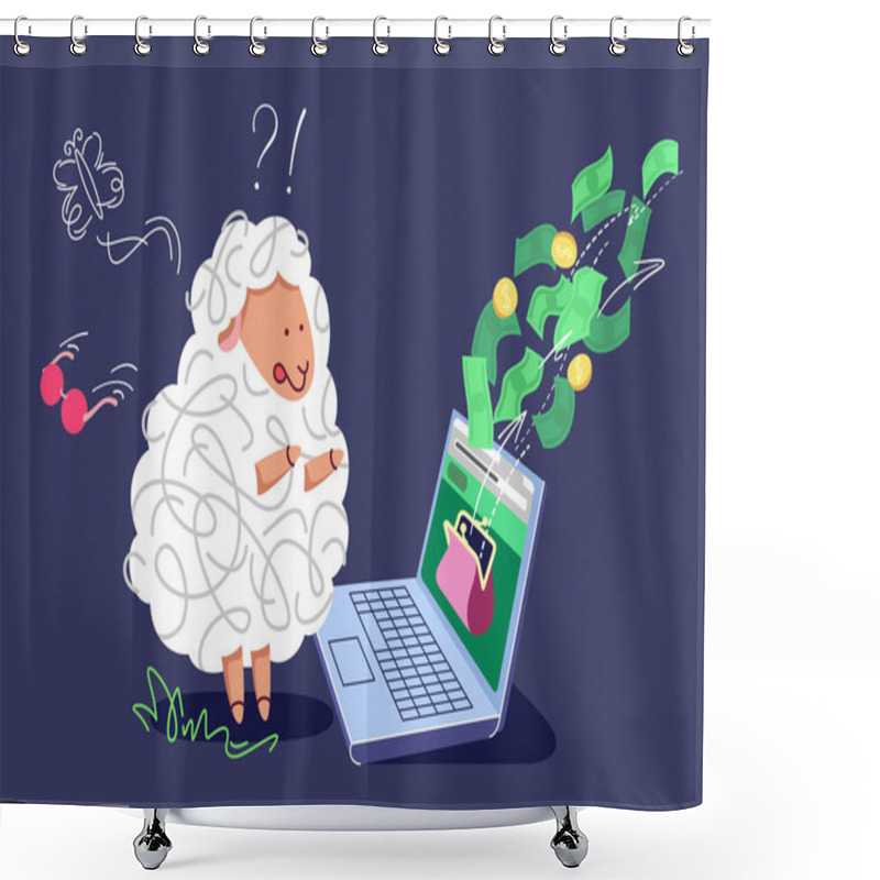 Personality  Pharming And Phishing Concept. The Frightened Sheep With A Laptop, Seeing A Hacked Bank Account. The Money Was Stolen From The Online Wallet. Shower Curtains