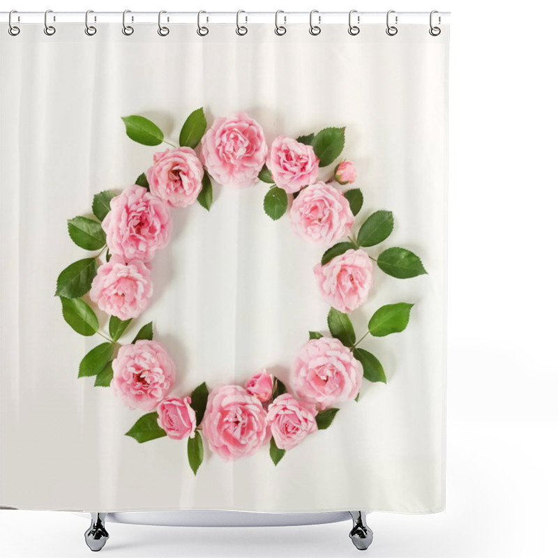 Personality  Floral Frame Of Fresh Roses Flower Buds And Leaves On White Background. Flat Lay, Top View Mockup. Shower Curtains