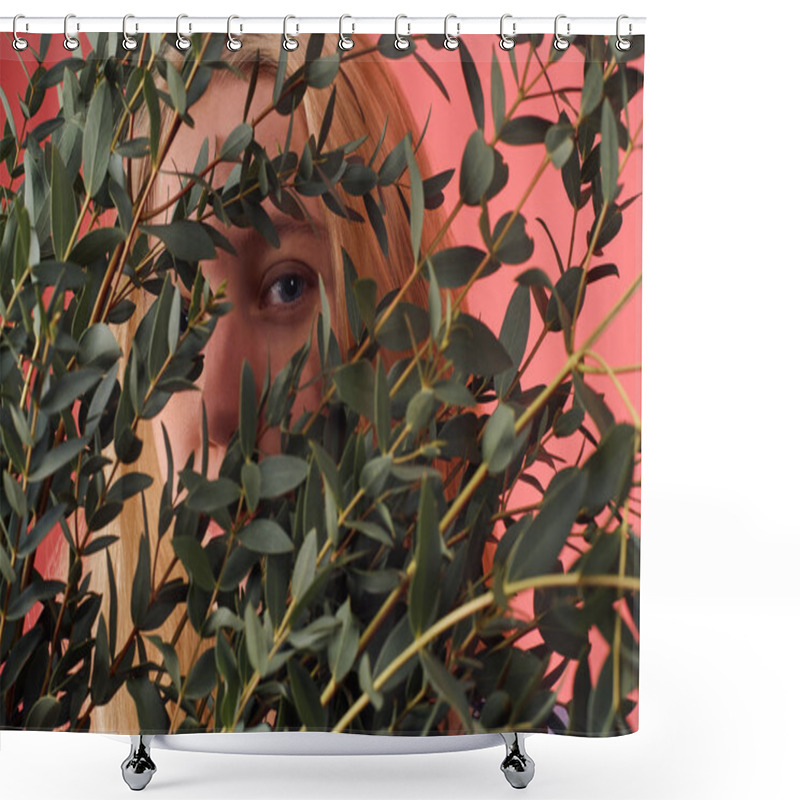 Personality  Close-up Shot Of Young Woman Hiding Behind Bunch Of Eucalyptus Branches Shower Curtains