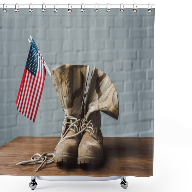 Personality  Military Boots And American Flags With Stars And Stripes On Wooden Surface  Shower Curtains