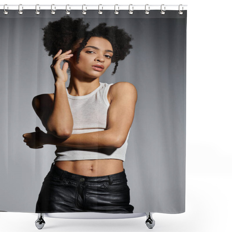 Personality  A Young African American Woman In A White Tank Top Poses With A Confident Expression. Shower Curtains