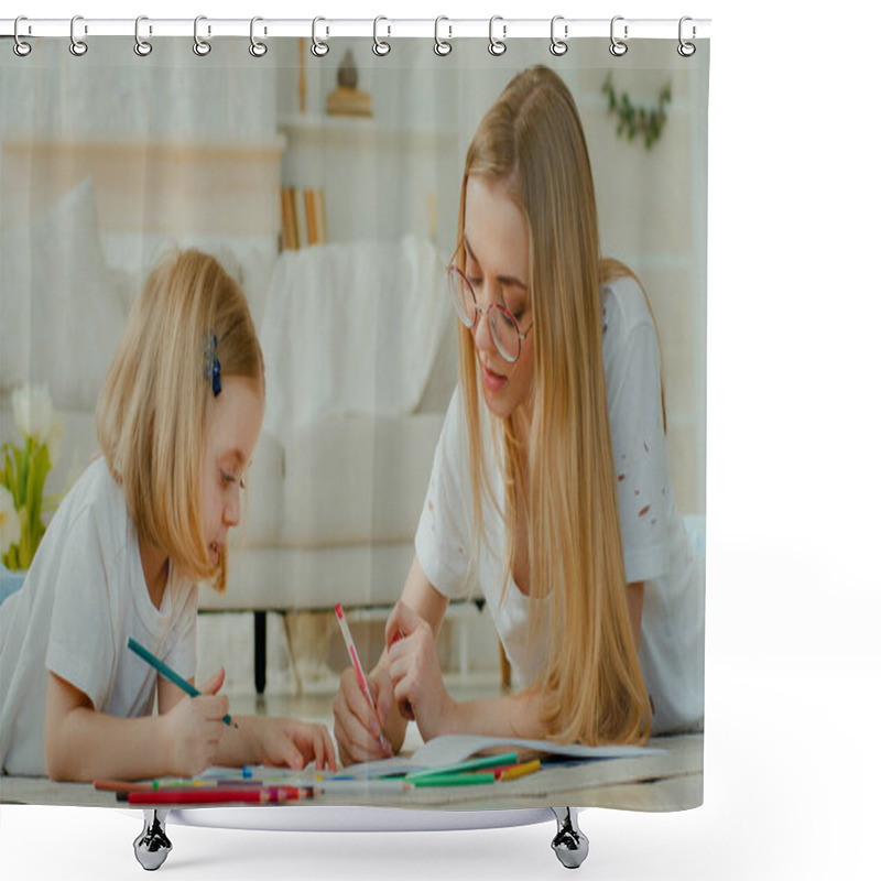 Personality  Little Small Adopted Child Girl Enjoy Art Draw With Caucasian Mother In Glasses Lying At Home Floor Together. Daughter Baby Kid With Mommy Mom Babysitter Teacher Drawing Picture With Pencils Talking Shower Curtains