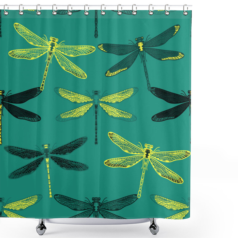 Personality  Hand Drawn Stylized Dragonflies Seamless Pattern For Girls, Boys, Clothes. Creative Background With Insect. Funny Wallpaper For Textile And Fabric. Fashion Style. Colorful Bright. Shower Curtains