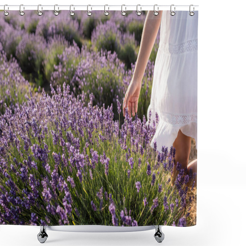 Personality  Cropped View Of Kid In White Dress Near Flowering Lavender In Summer Field Shower Curtains