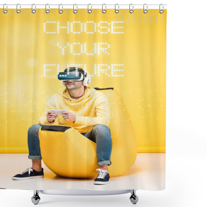 Personality  Man On Bean Bag Chair In Virtual Reality Headset On Yellow With Choose Your Future Illustration Shower Curtains