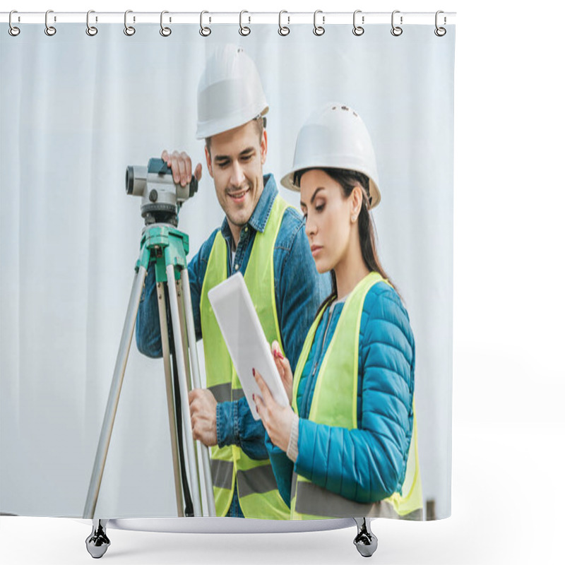 Personality  Surveyors With With Digital Level Looking At Tablet  Shower Curtains