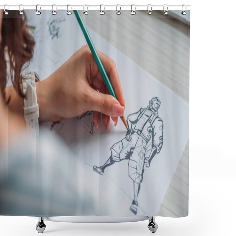 Personality  Selective Focus Of Illustrator Drawing Cartoon Character On Paper  Shower Curtains