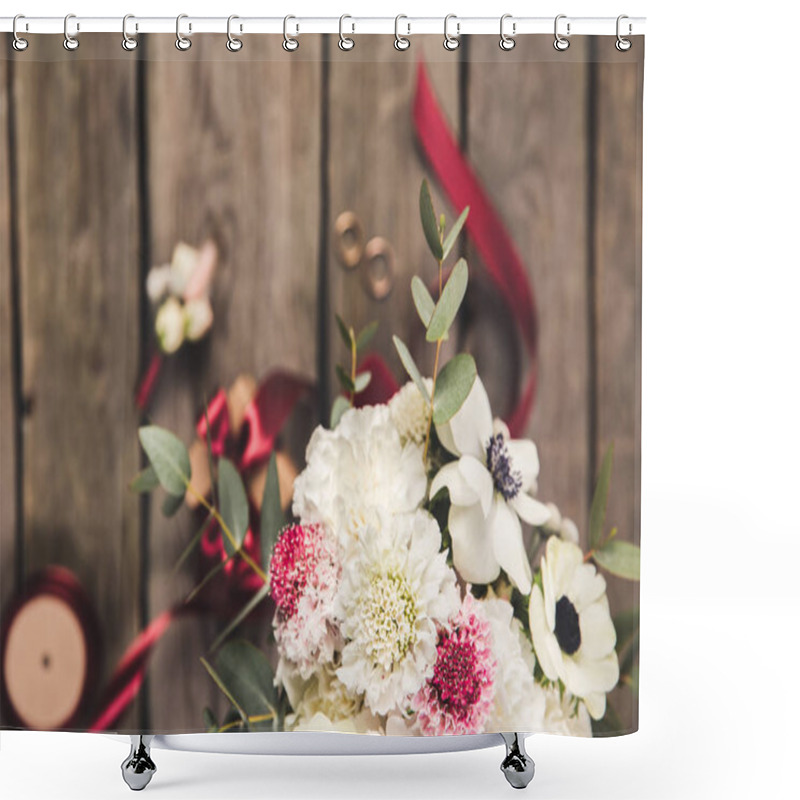 Personality  Selective Focus Of Beautiful Bridal Bouquet, Wedding Rings And Ribbons On Wooden Surface Shower Curtains