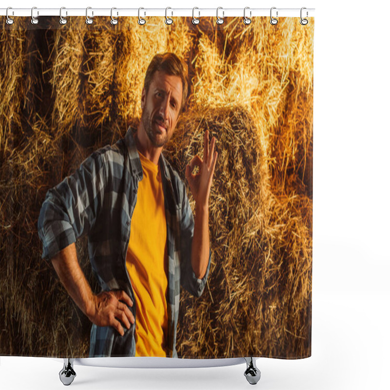 Personality  Farmer In Plaid Shirt Standing With Hand On Hip And Showing Ok Gesture Near Hay Stack Shower Curtains