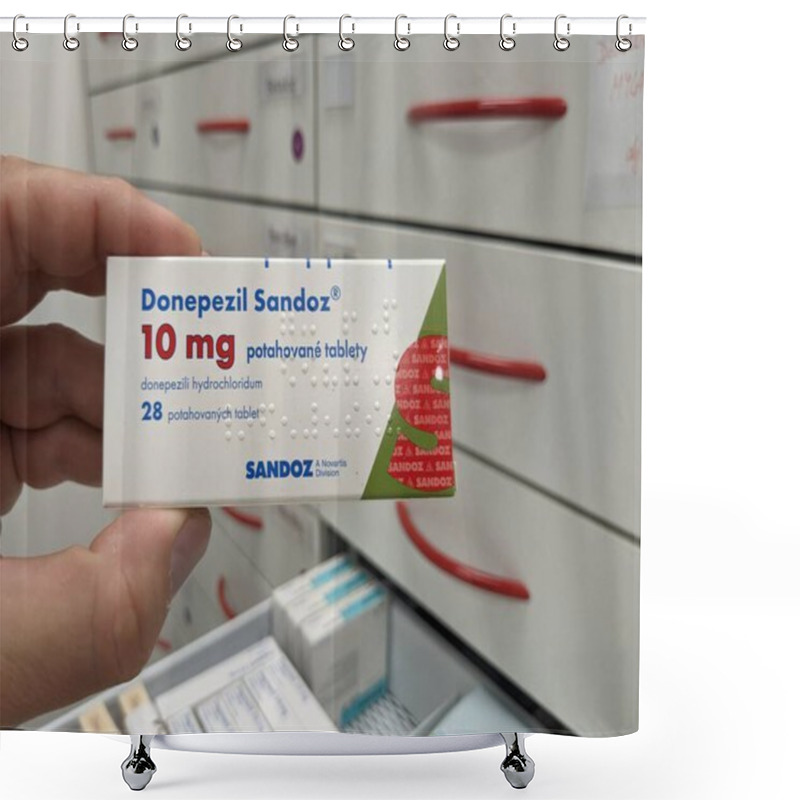 Personality  Prague, Czech Republic - July 10 2024: DONEPEZIL SANDOZ Box Of Medication With DONEPEZIL Active Substance By SANDOZ, Used For Treatment Of Alzheimer's Disease And Dementia. Shower Curtains