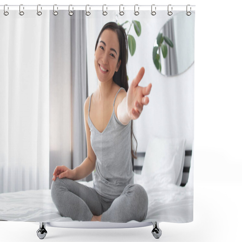 Personality  Cheerful Young Woman Enjoying Peacful Morning In Bedroom Shower Curtains