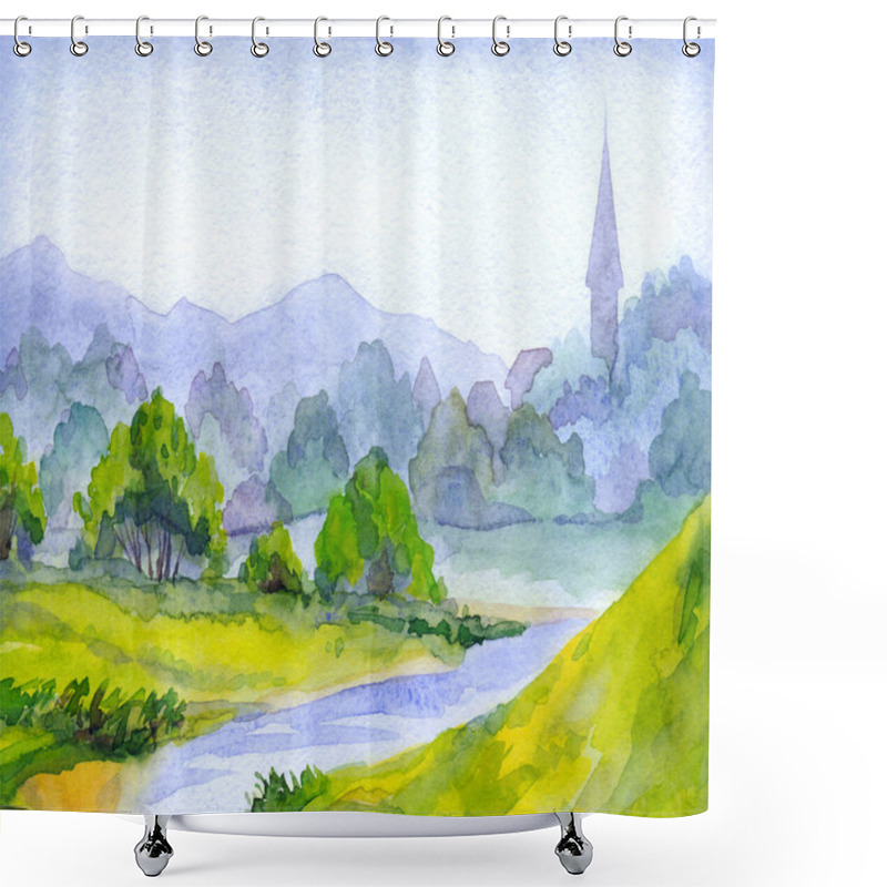 Personality  Hand Drawn Light Watercolour Artwork Paint Sketch Scene. Europe Travel White Paper Backdrop Retro Style Text Space. Scenic Color Old Outdoor Shrub Plant Cloudy Evening Sunset Dusk Twilight Fog View Shower Curtains