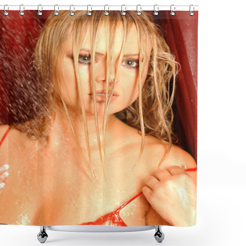 Personality  Wet Haired Blond - Red Slip - Surlty Blonde Shower Curtains