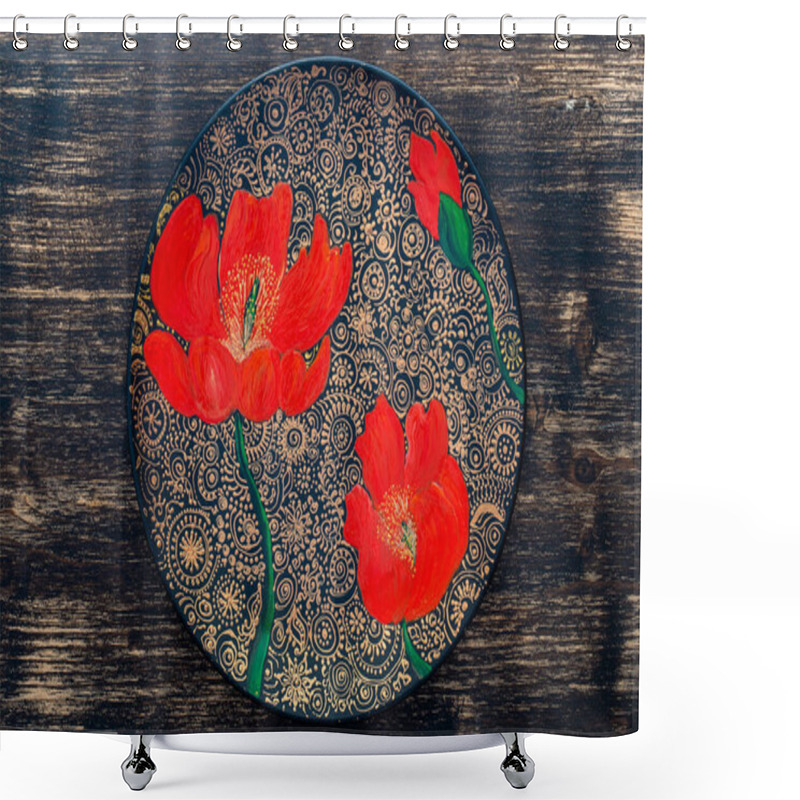 Personality  Decorative Ceramic Plate With Red Poppies, Painted Plate On Wooden Background, Close Up, Top View. Decorative Porcelain Plate Painted With Acrylic Paints, Handwork, Dot Painting Shower Curtains