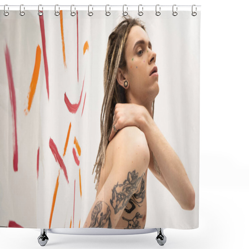 Personality  Side View Of Shirtless And Tattooed Queer Model Posing With Hand On Shoulder Near Multicolored Brush Strokes On White Background Shower Curtains