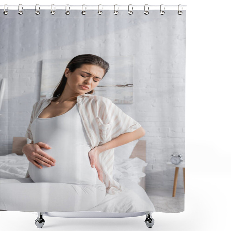 Personality  Brunette Pregnant Woman With Closed Eyes Feeling Abdominal Pain In Bedroom Shower Curtains