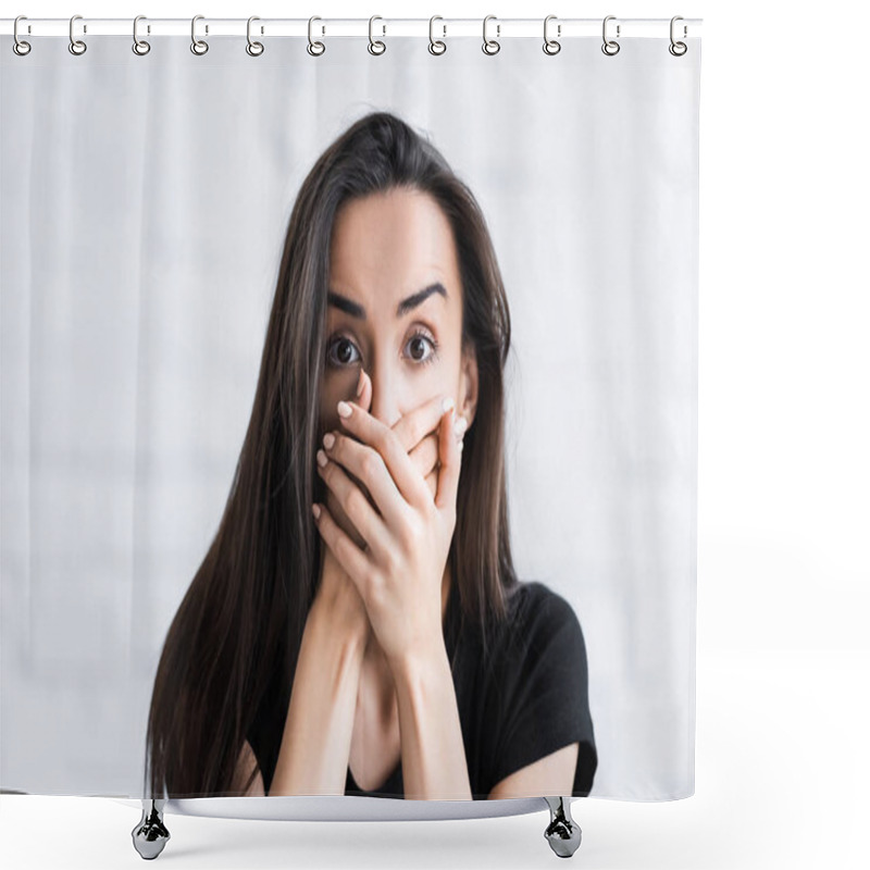 Personality  Frightened Young Man Looking At Camera And Covering Face With Hands While Suffering From Panic Attack Shower Curtains