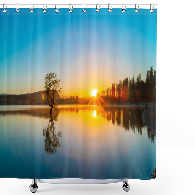 Personality  That Wanaka Tree, Willow Tree Growing In Lake Is Popular Tourist Scene In Long Exposure With Sunset Colors Reflected From Snow Covered Mountains Behind. Shower Curtains