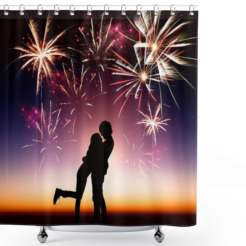 Personality  Happy Young Couple With Fireworks Background Shower Curtains