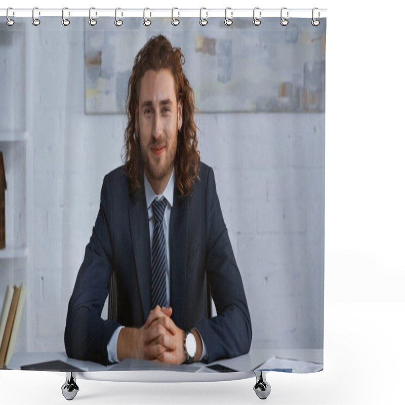 Personality  Young Businessman In Suit Smiling At Camera While Sitting At Workplace Shower Curtains