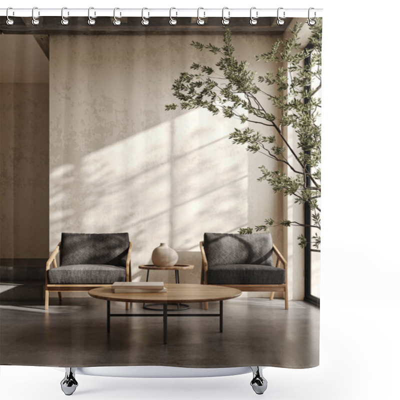 Personality  Warm Sunlight Bathes A Contemporary Living Room, Highlighting The Chic Wooden Armchairs And Circular Coffee Table That Create An Inviting And Sophisticated Atmosphere. 3d Render Shower Curtains