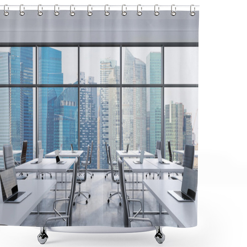 Personality  Workplaces In A Modern Panoramic Office, Singapore City View From The Windows. Open Space. White Tables And Black Leather Chairs. A Concept Of Financial Consulting Services. 3D Rendering. Shower Curtains