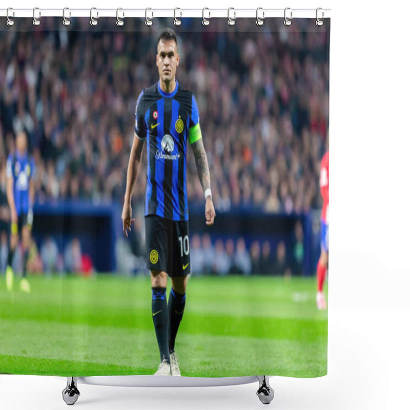 Personality  Madrid, Spain- March 13, 2024: Round Of 16 Match Between Atletico Madrid And Inter Milan. Lautaro Martinez With The Ball. Argentine Player. . Shower Curtains