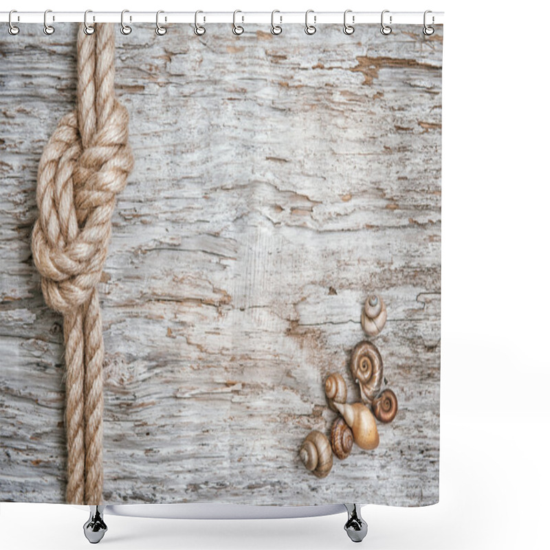 Personality  Ship Rope, Shells And Wood Background Shower Curtains