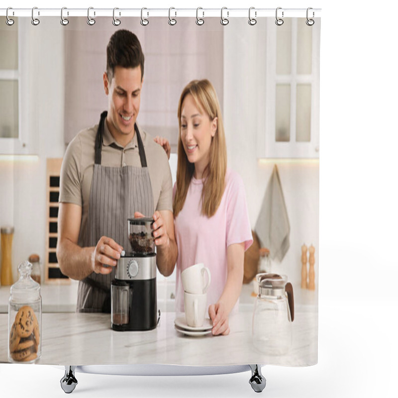 Personality  Lovely Couple Together In Kitchen, Man Using Electric Coffee Grinder Shower Curtains