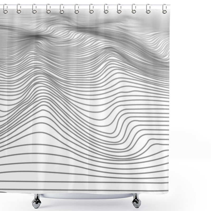 Personality  Abstract Wavy Stripe Wireframe Background. Digital Cyberspace Mountains With Valleys. 3D Technology Illustration Landscape. Vector   Shower Curtains