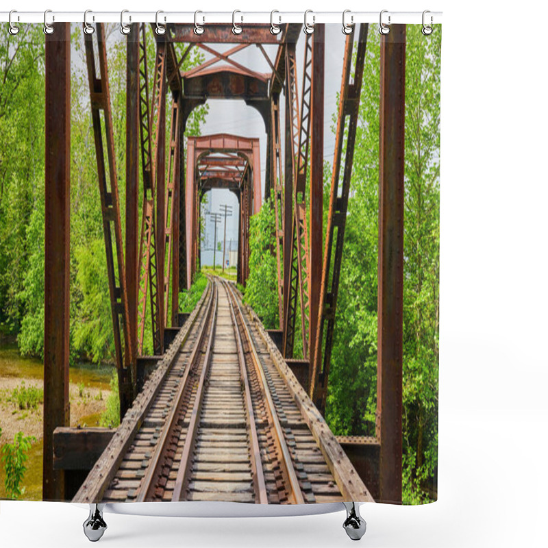 Personality  Image Of Old Iron Railroad Bridge With Train Tracks Curving Away Into Distant City Shower Curtains