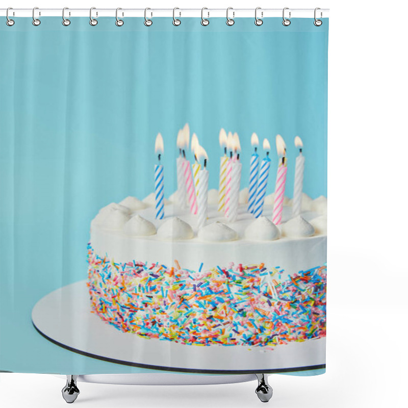 Personality  Birthday Cake With Lighting Candles On Blue Background Shower Curtains