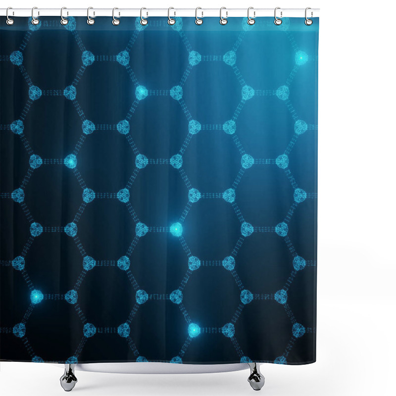 Personality  Abstract Nanotechnology Hexagonal Geometric Form Close-up, Concept Graphene Atomic Structure, Concept Graphene Molecular Structure. Shining Hexagonal Form Consisting Dots And Lines. 3D Rendering Shower Curtains